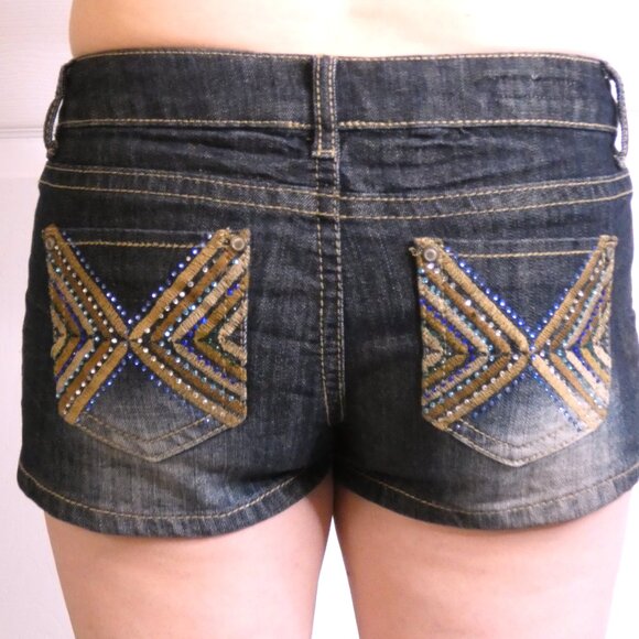Hot Kiss Sz 5 Shorts Hot Pants Navy Blue Denim Jean Cici Distressed Pockets - Picture 2 of 11